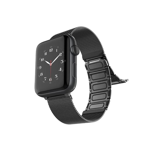 The Raptic Classic Apple Watch Band in stainless steel features a magnetic mesh design, shown here on an Apple Watch with a rectangular face displaying an analog clock. Compatible with Series 11, 10, 9, 8, 7, and SE.
