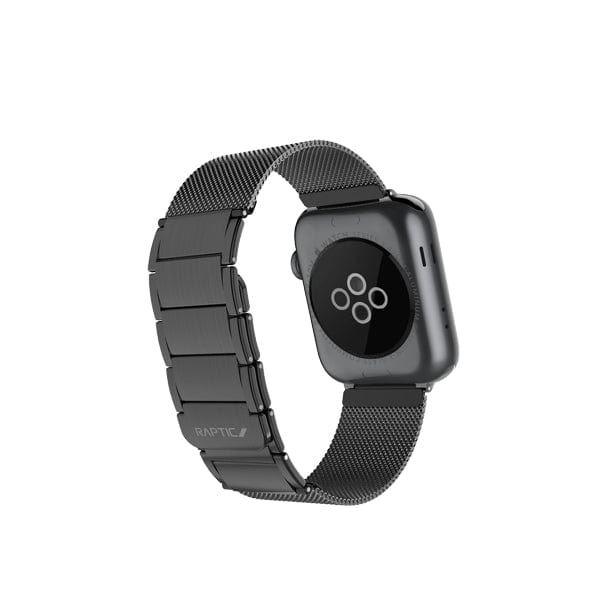 The Raptic Classic Apple Watch Band for Series 11, 10, 9, 8, 7, and SE features black stainless steel mesh and link design with a magnetic closure. “Raptic” branding appears below the sensors on a plain white background.