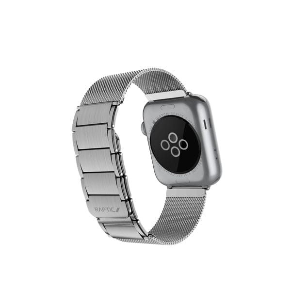 The Raptic Classic Apple Watch Band Stainless Steel for Series 11, 10, 9, 8, 7 SE is shown at an angle from the back with circular sensors visible. "Raptic" is engraved on the clasp. The background is plain white.