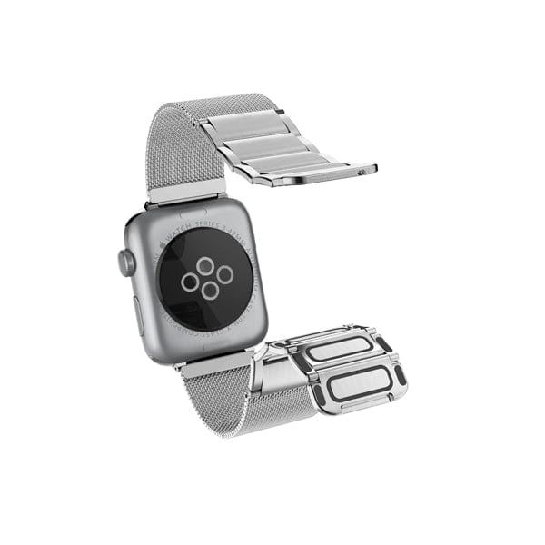 The Raptic Classic Apple Watch Band Stainless Steel Series 11 10 9 8 7 SE by Raptic is shown on a silver smartwatch with a black circular sensor, featuring an open mesh band and magnetic clasp against a plain white background.