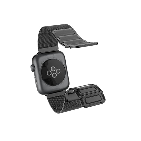 A Raptic Classic Apple Watch Band in stainless steel is displayed open, revealing its magnetic mesh closure and circular sensor array on the watch back, fitting Apple Watch Series 11/10/9/8/7/SE, against a plain white background.