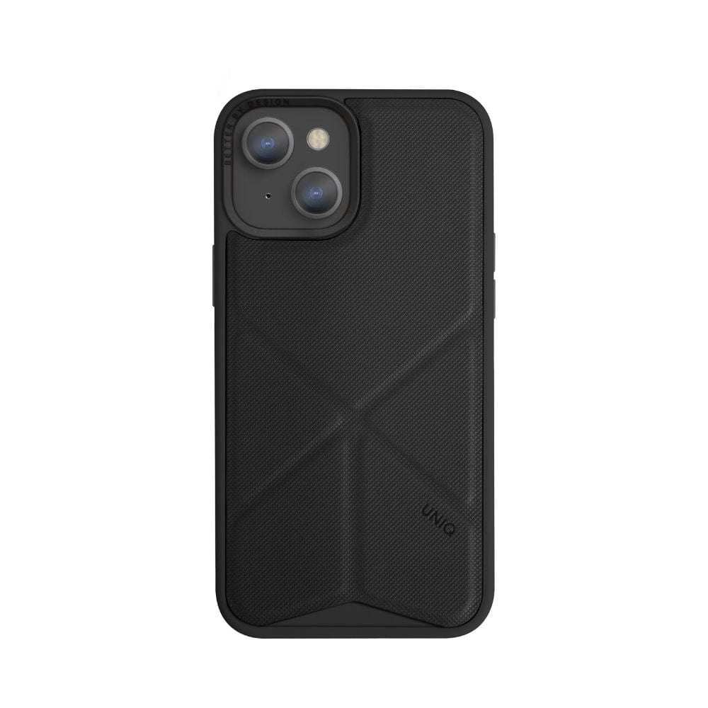 The iPhone 13 UNIQ Transforma MagSafe Folding Case, shown from the back in black, features a dual-camera setup and a flashlight on the top-left corner. The case includes a textured back cover with geometric patterns and a slightly raised lip around the camera module for added drop protection. The brand name "UNIQ" is printed on the lower right side of the cover.