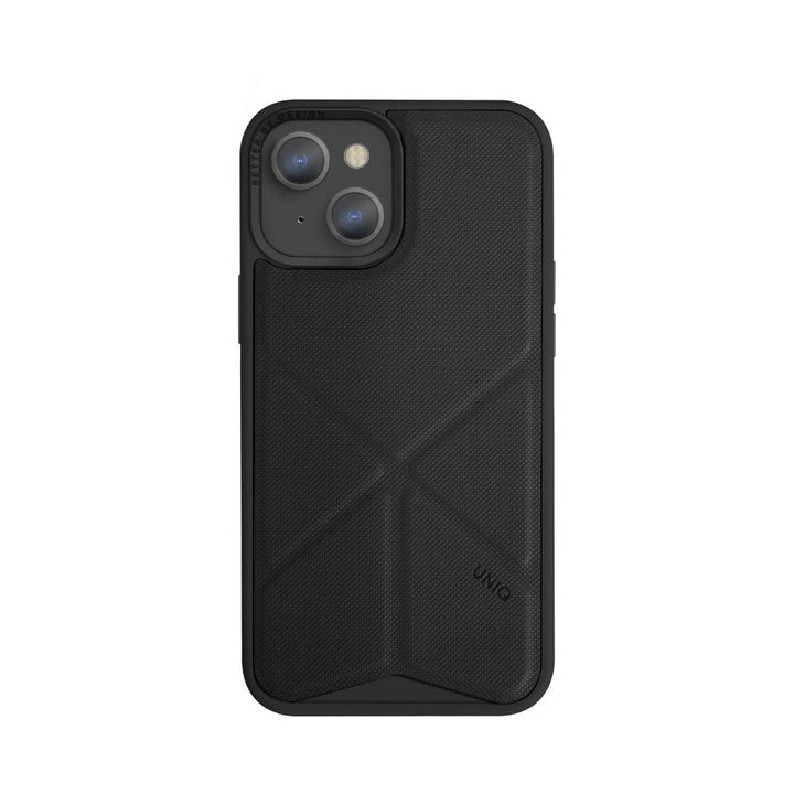 The iPhone 13 UNIQ Transforma MagSafe Folding Case, shown from the back in black, features a dual-camera setup and a flashlight on the top-left corner. The case includes a textured back cover with geometric patterns and a slightly raised lip around the camera module for added drop protection. The brand name "UNIQ" is printed on the lower right side of the cover.