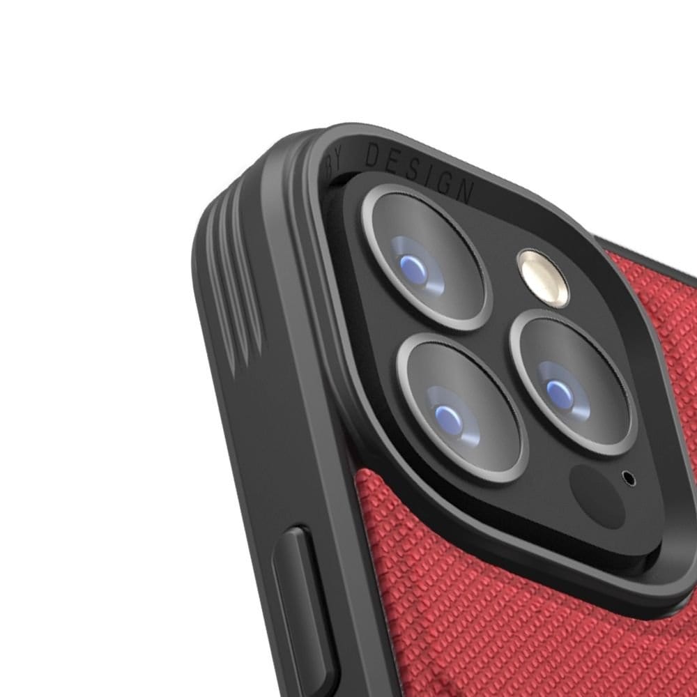 Close-up of the rear camera setup on an iPhone 13 equipped with a UNIQ Transforma MagSafe Folding Case. The device boasts a textured red back and is encased in a black protective cover. Its camera module, featuring three lenses and a flash arranged in a triangular pattern at one corner, is designed for optimal photography. The side of the phone displays a button and ribbed edges for enhanced grip.