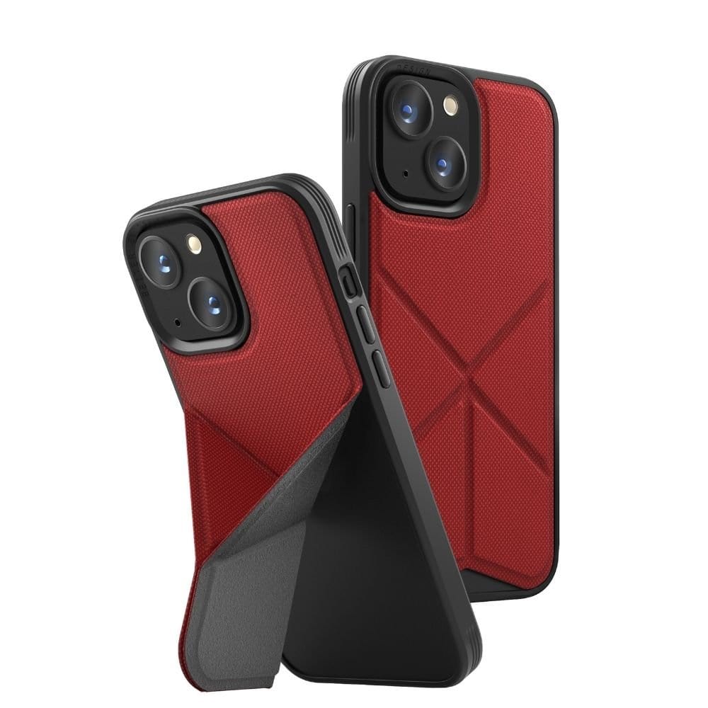 Two iPhones equipped with the UNIQ Transforma MagSafe Folding Case in red and black are positioned side by side. The cases showcase a textured red back with geometric patterns, MagSafe compatibility, and an integrated kickstand for hands-free usage. Enhanced drop protection is provided for the smartphones, which feature dual rear cameras, with visible buttons and ports on the sides.