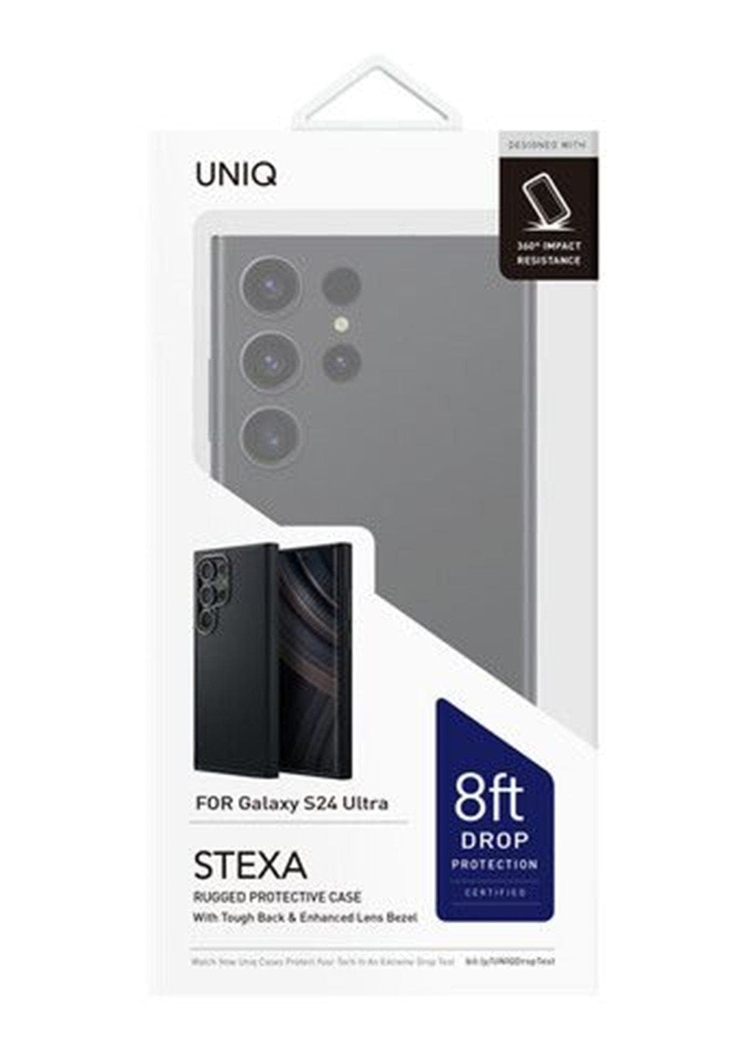 Packaging of the UNIQ LifePro Samsung S24 Case from UNIQ, featuring robust 8ft drop protection, 360° impact resistance, and wireless charging compatibility.