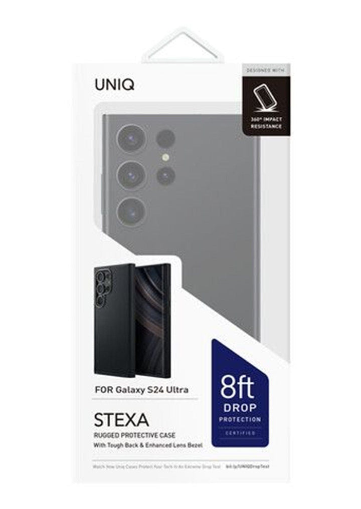 Packaging of the UNIQ LifePro Samsung S24 Case from UNIQ, featuring robust 8ft drop protection, 360° impact resistance, and wireless charging compatibility.