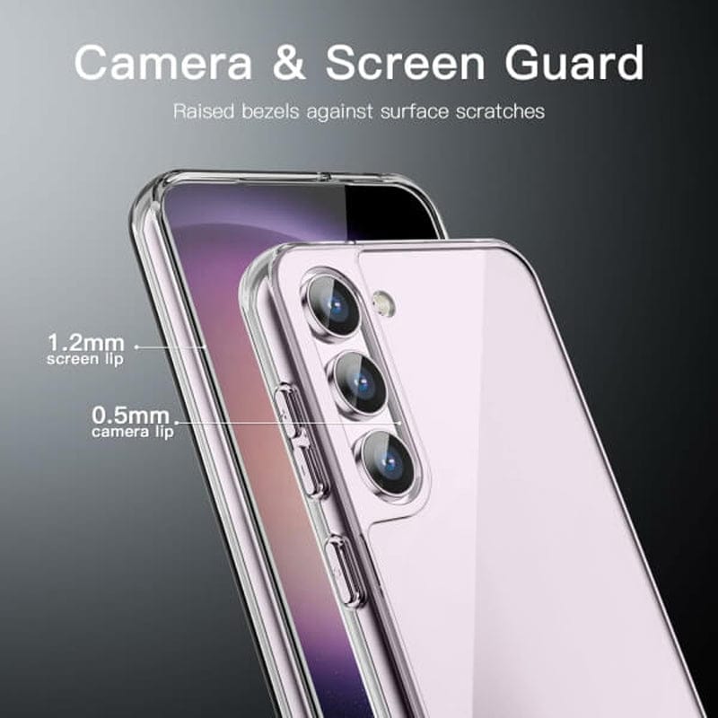 Close-up image of an Urban Samsung Galaxy S23 FE Clear Case, highlighting the raised bezels. Text indicates a 1.2mm screen lip and a 0.5mm camera lip, ensuring both protection and compatibility with wireless charging, while fully supporting 5G connectivity.