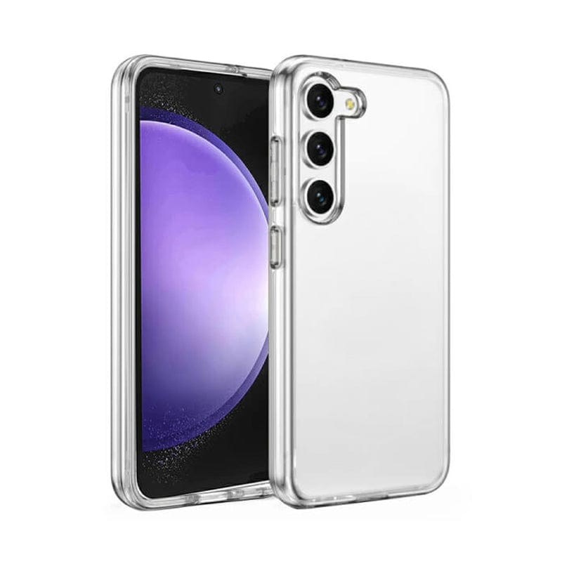 An Urban Samsung Galaxy S23 FE Clear Case encases a Samsung Galaxy S23 FE, featuring a purple wallpaper on its display, highlighting its 5G capabilities and triple rear cameras; also supports wireless charging.