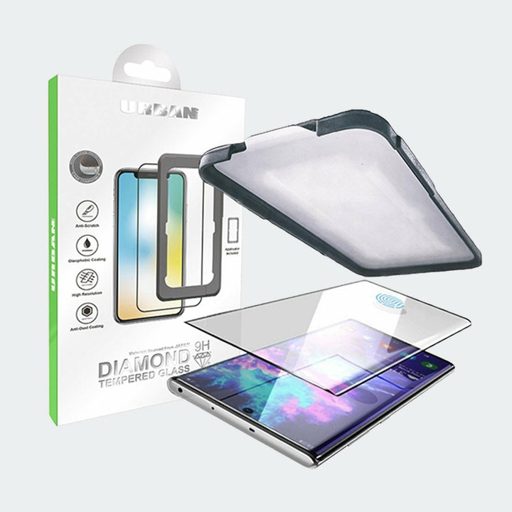 A package for the Urban Samsung Galaxy S23 FE Clear Case displaying a clear case, a guide frame, and an image of a Samsung Galaxy S23 FE demonstrating the application process.