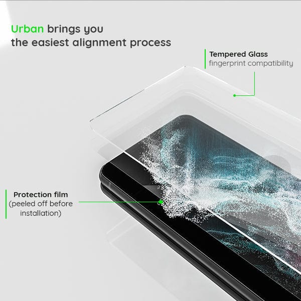 Image showing an Urban Crystal Samsung S21 FE Screen Protector from Urban on a smartphone. Labels indicate "Tempered Glass" with "Fingerprint Compatibility" and an "Anti-dust Coating." The "Protection Film," which is to be peeled off before installation, ensures high resolution and shock-absorbing properties.