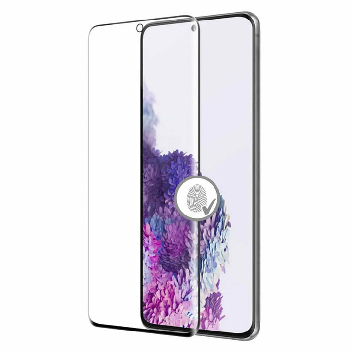 A high-resolution Samsung S21 FE smartphone with the Urban Crystal Screen Protector from Urban partially applied, displaying a floral wallpaper and a fingerprint icon on the screen. The Urban Crystal Screen Protector features shock-absorbing properties for added durability.