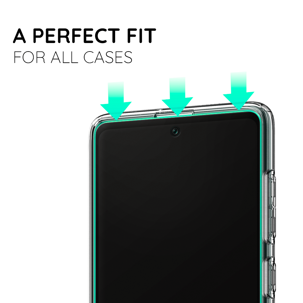 The Urban Crystal Samsung S21 FE Screen Protector fits precisely into the clear case. Text reads "A Perfect Fit for All Cases" with arrows pointing to the phone's edges. The case also includes shock-absorbing technology to keep your device safe from drops and bumps.